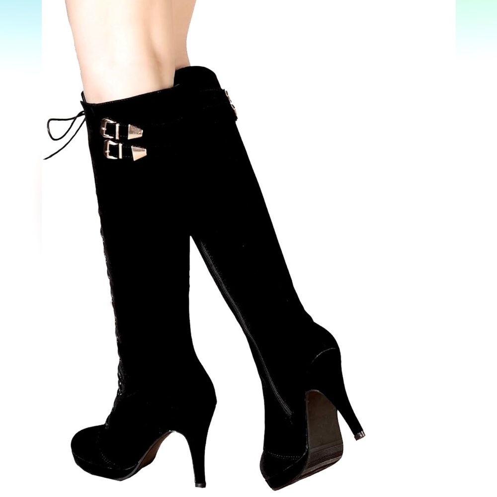 NWOT Women's Suede Lace Up Side Zipper Knee High Boots Platform High Heel